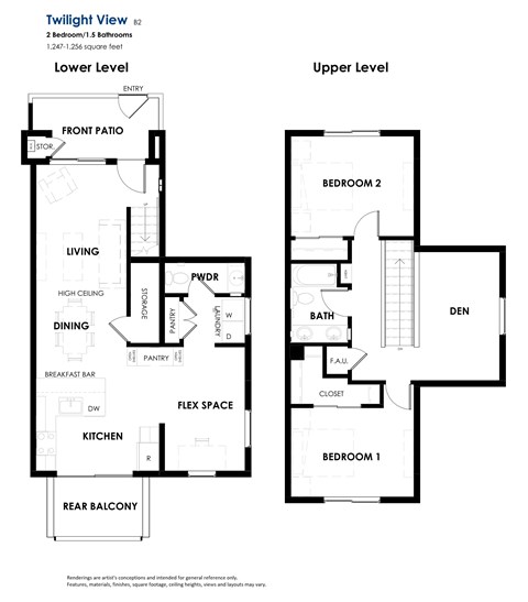 Floor plan for 2 beds, 1.5 baths, 1256 sqft
